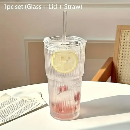1/2pcs 600ml Strip Glass Cup с лидом и строу – прозрачный сок, вода и мороженый кофе