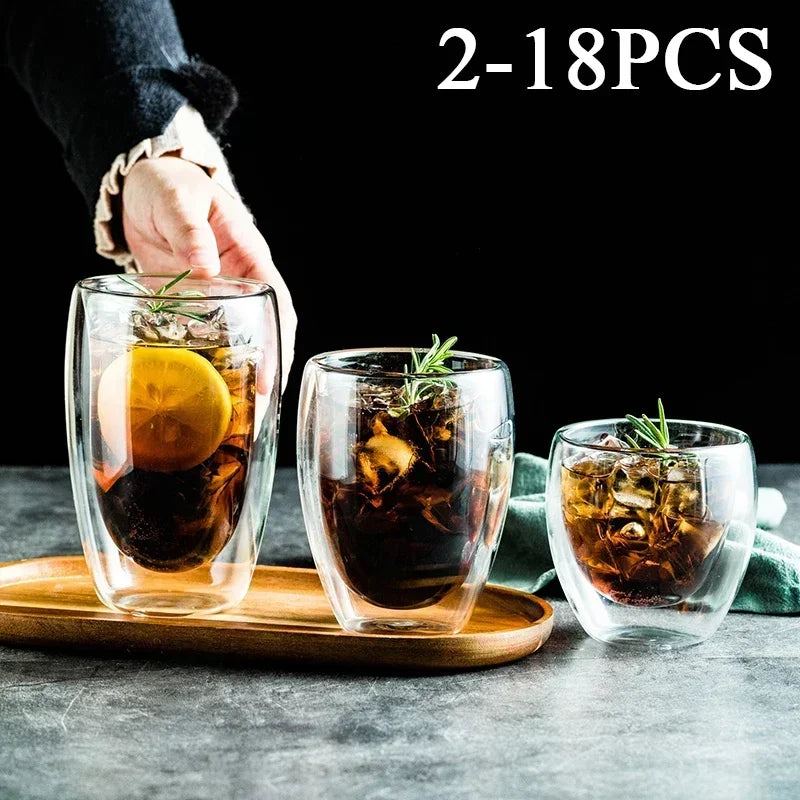 2-18PCS Two Wall High Borosiliate Glass ⁄ Softant Tea, PEA, Milk, Nuice Cups, Creative Barware set